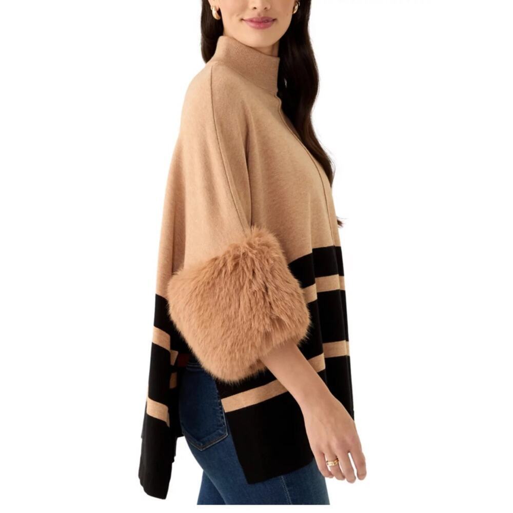 Philosophy Mock Neck Stripe Fur Cuff Poncho Sz XL - Picture 2 of 14